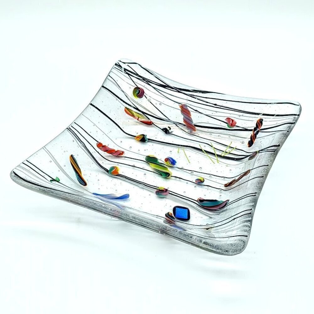 Vintage Kurt McVay Fused Dichroic Art Glass Square Dish